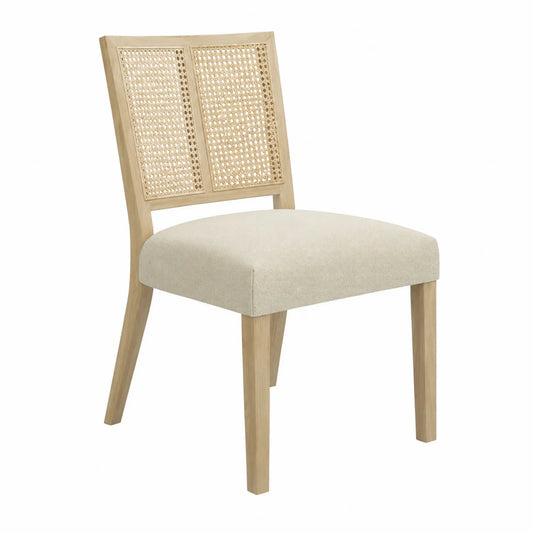 Chaise en bois de chêne avec dossier en rotin et assise en polyester beige