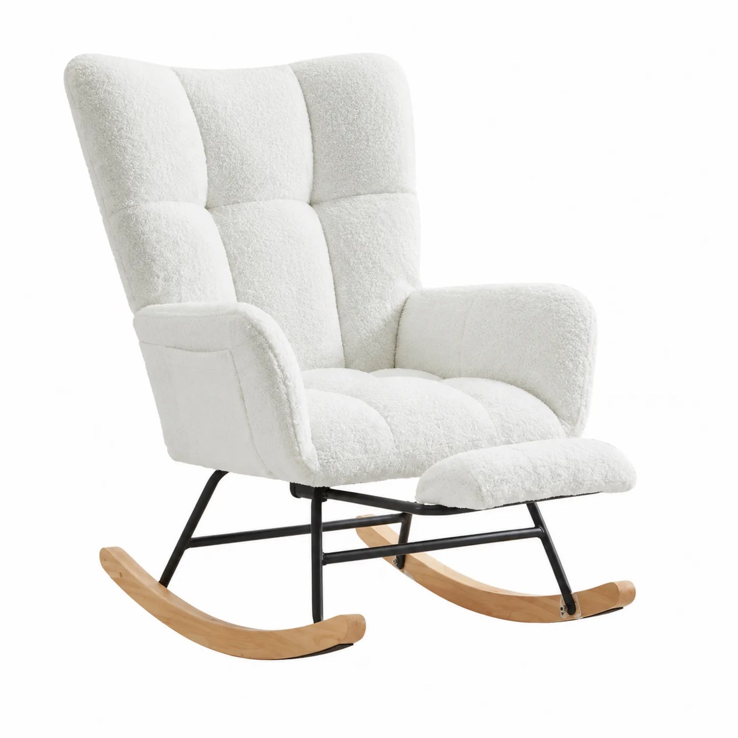 Fauteuil à bascule en tissu effet laine blanc pieds bois métal