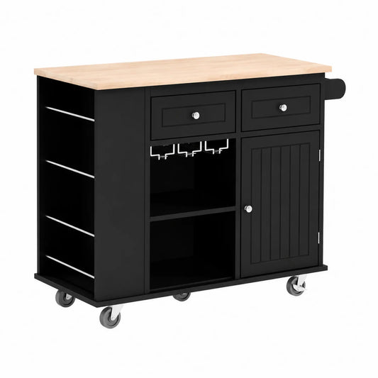 Chariot de Cuisine en MDF Noir avec Plateau en Bois, 4 Roulettes, 117x46x92 cm